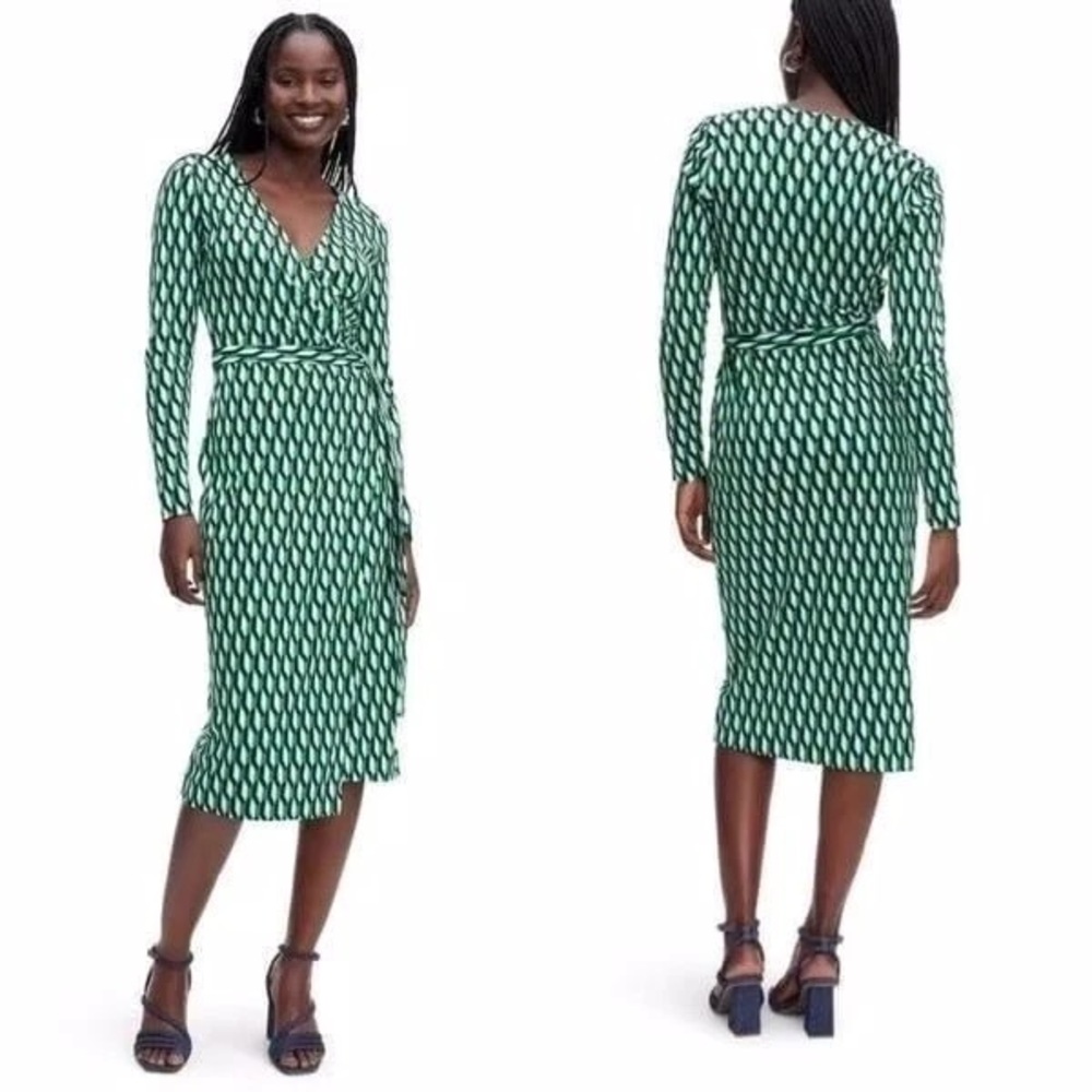 Diane Von Furstenberg Midi Wrap Green Geometric Long Sleeve Dress‎